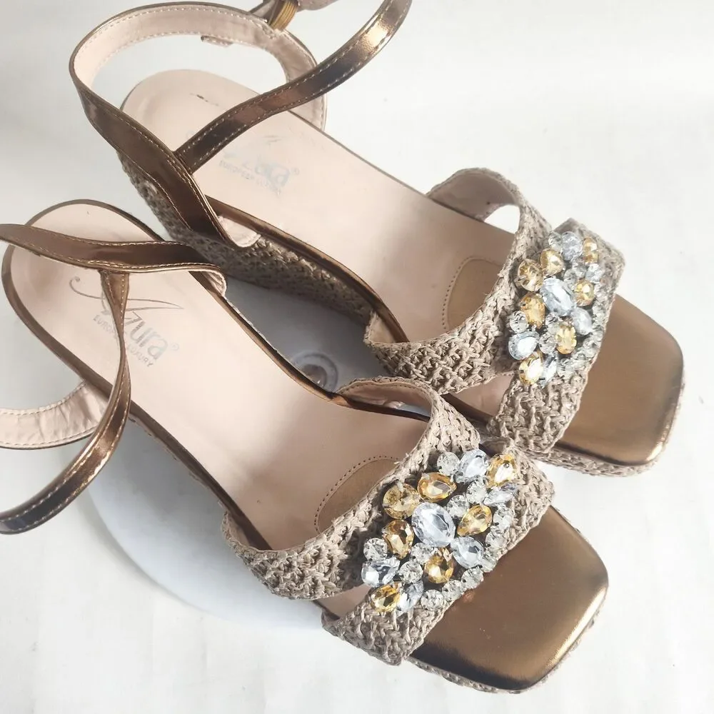 Azura European‎ Espadrille Platform Wedges Gold Rhinestones Sandals 9.5 - 10 /41
